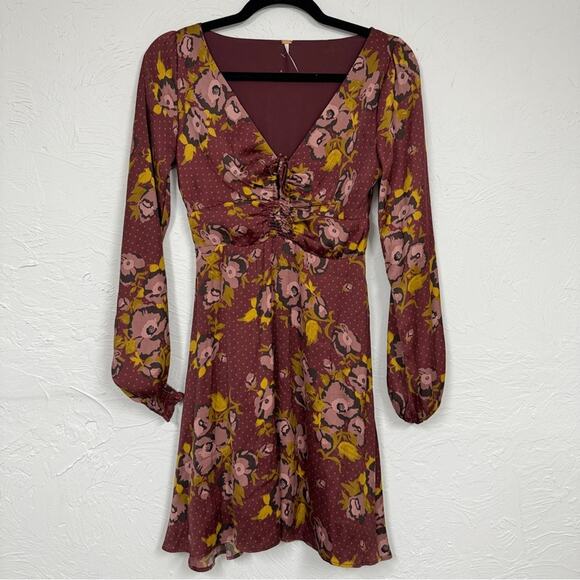 Free People Red Floral Balloon Sleeve Mini Dress Womens 2 Peasant Satin Burgundy - Picture 1 of 12